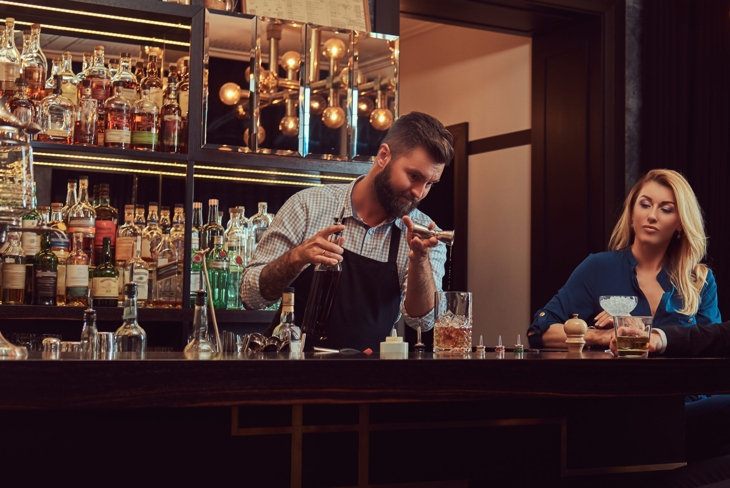 stylish brutal bartender serves attractive couple who spend evening date scaled